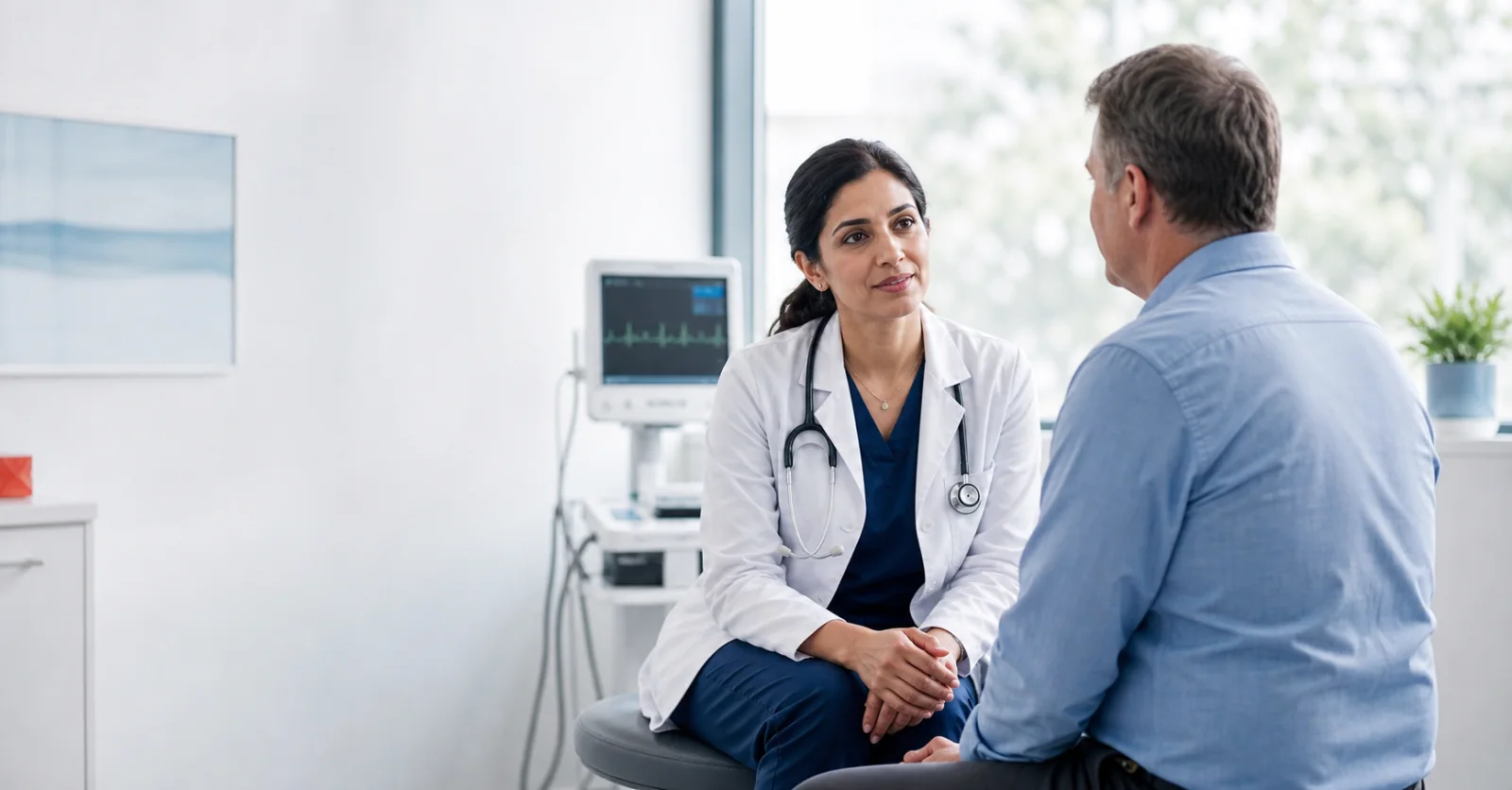Cardiologist speaking with a patient during a consultation in a bright clinic room